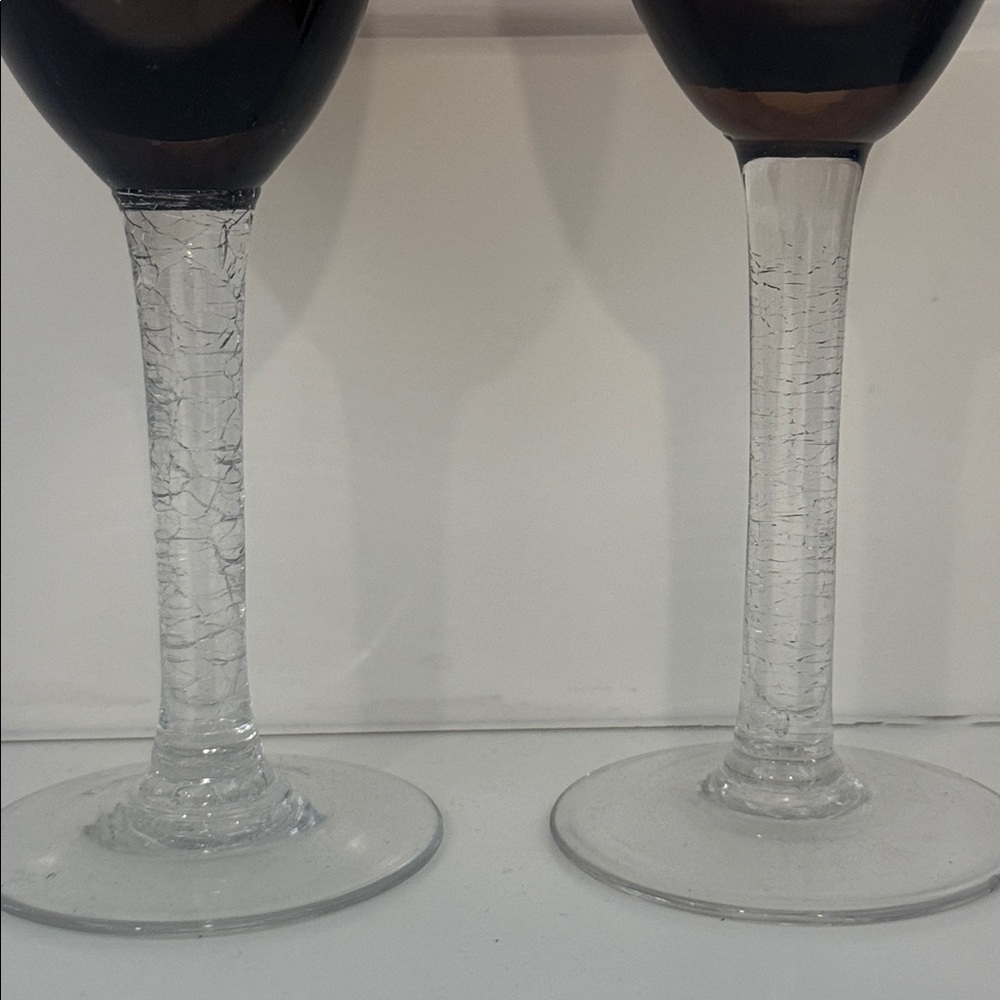 Elegant Brown Wine Glass Set w Crackle Stem Rare Vintage Amethyst Wine Glasses - Picture 2 of 2